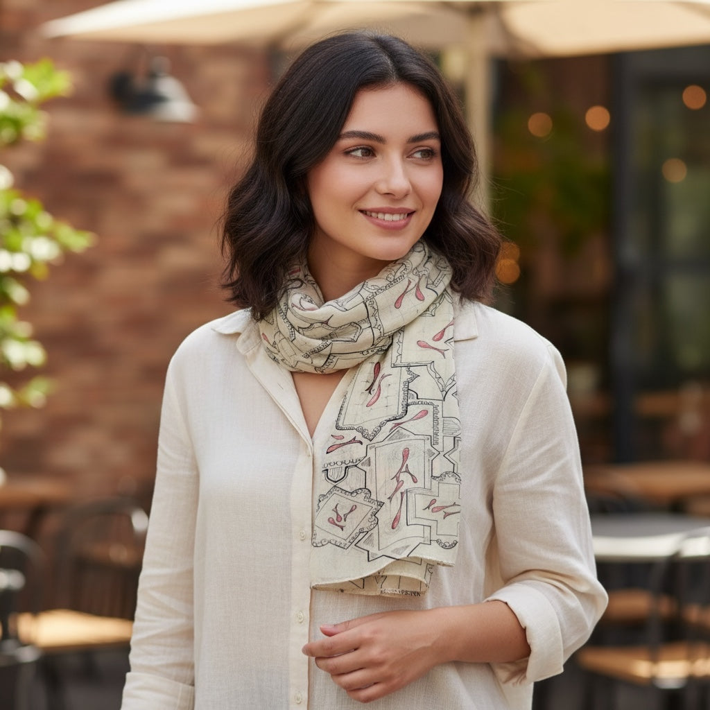 Poly Voile Scarf – Persian Fish & Shamsa Geometry | Ancient Iranian Motifs | Mehrbunoo