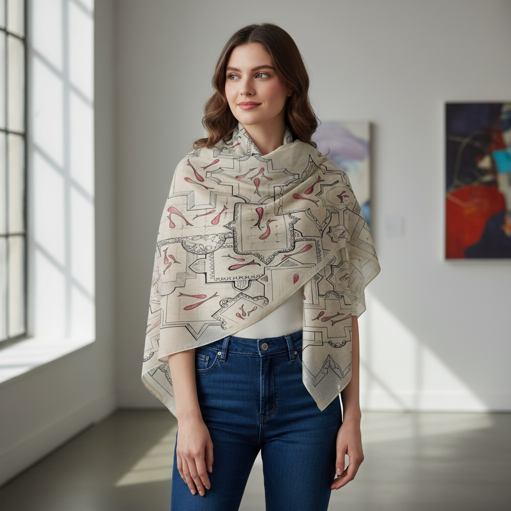 Poly Voile Scarf – Persian Fish & Shamsa Geometry | Ancient Iranian Motifs | Mehrbunoo