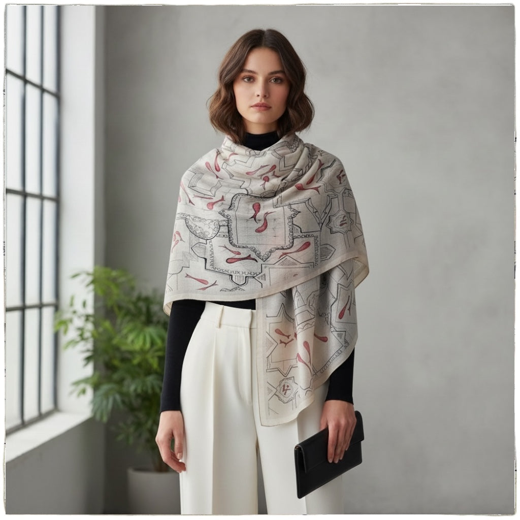 Poly Voile Scarf – Persian Fish & Shamsa Geometry | Ancient Iranian Motifs | Mehrbunoo