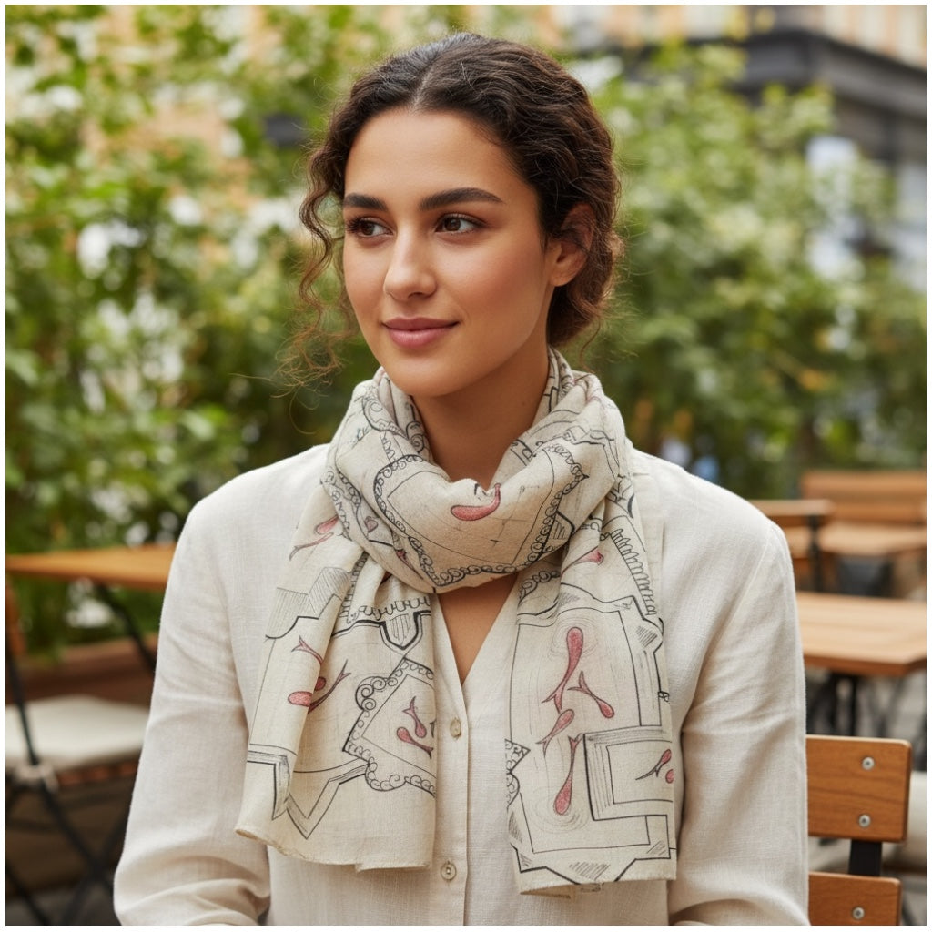 Poly Voile Scarf – Persian Fish & Shamsa Geometry | Ancient Iranian Motifs | Mehrbunoo