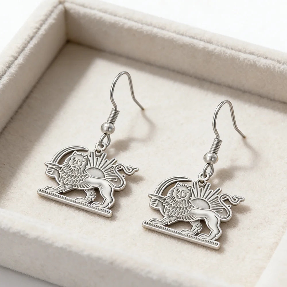 Persian Lion & Sun Earrings – Iran Flag Design | Stainless Steel | Mehrbunoo