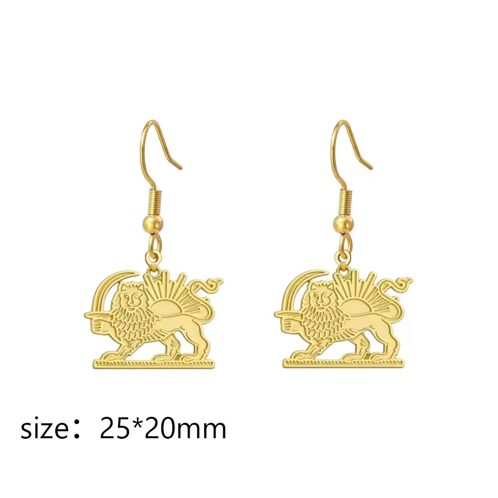 Persian Lion & Sun Earrings – Iran Flag Design | Stainless Steel | Mehrbunoo