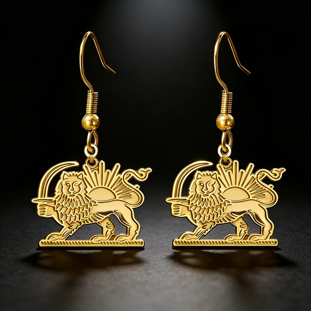 Persian Lion & Sun Earrings – Iran Flag Design | Stainless Steel | Mehrbunoo