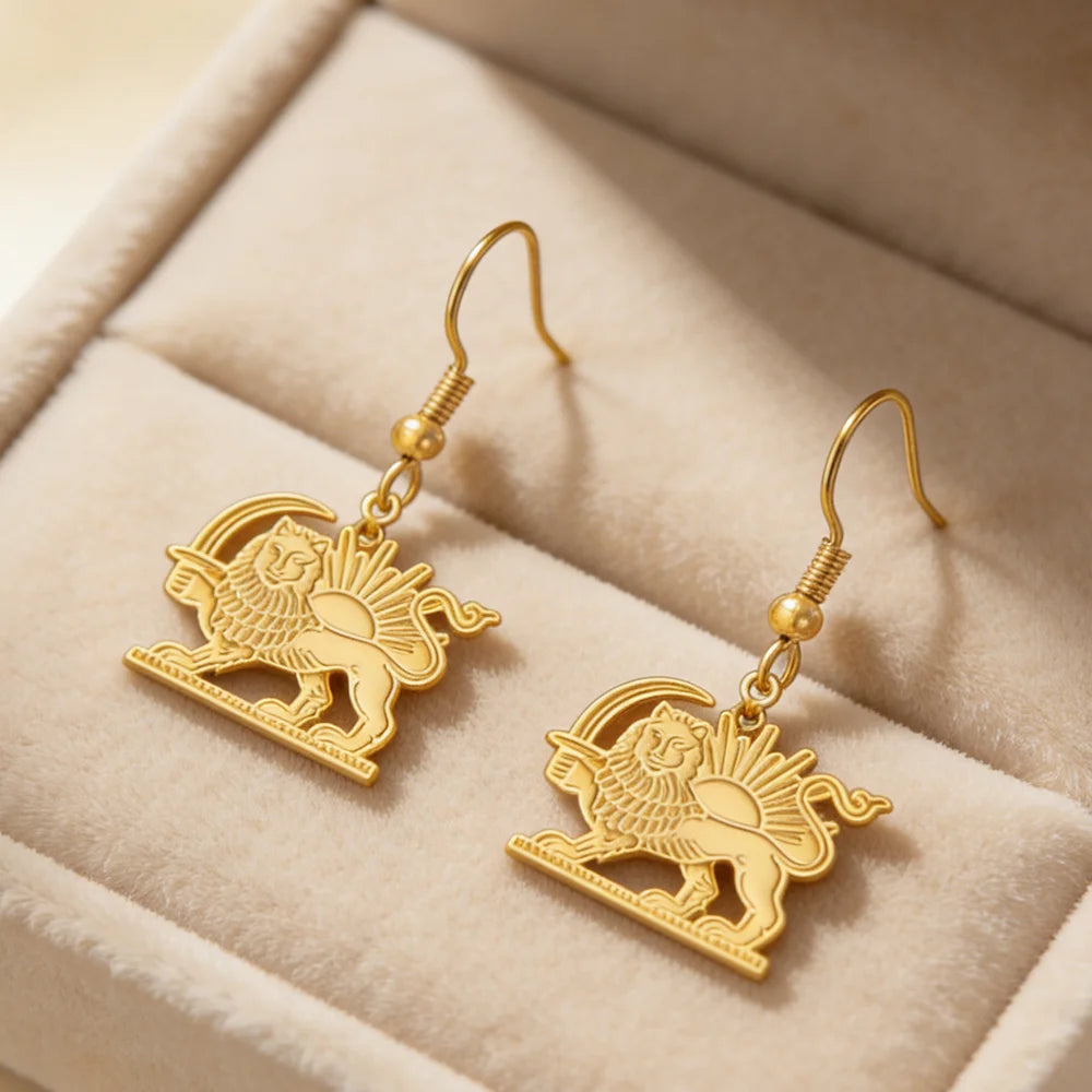 Persian Lion & Sun Earrings – Iran Flag Design | Stainless Steel | Mehrbunoo