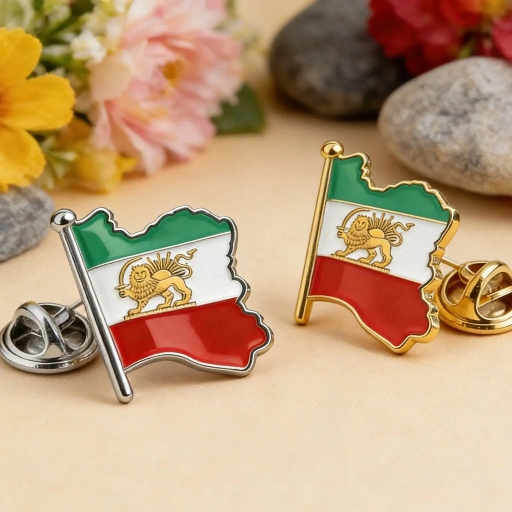 Persian Lion & Sun Brooch – Iran Map Pin | Stainless Steel | Mehrbunoo
