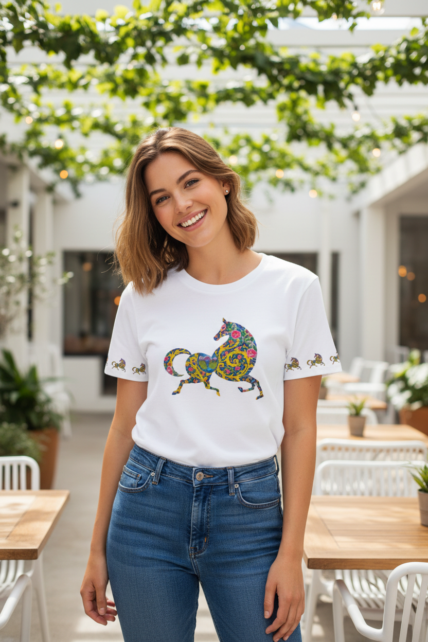 Cotton T-Shirt | Persian Horse; Qajar Tile Design | Mehrbunoo