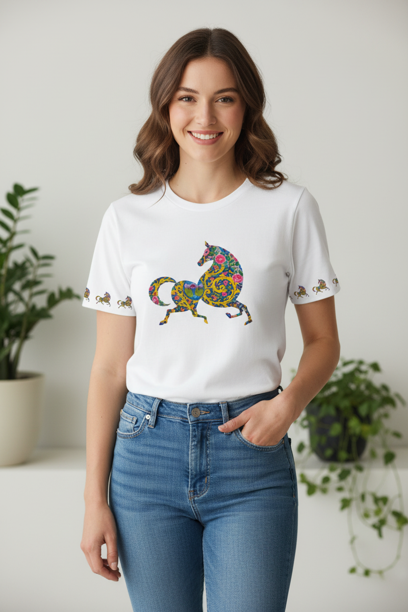 Cotton T-Shirt | Persian Horse; Qajar Tile Design | Mehrbunoo