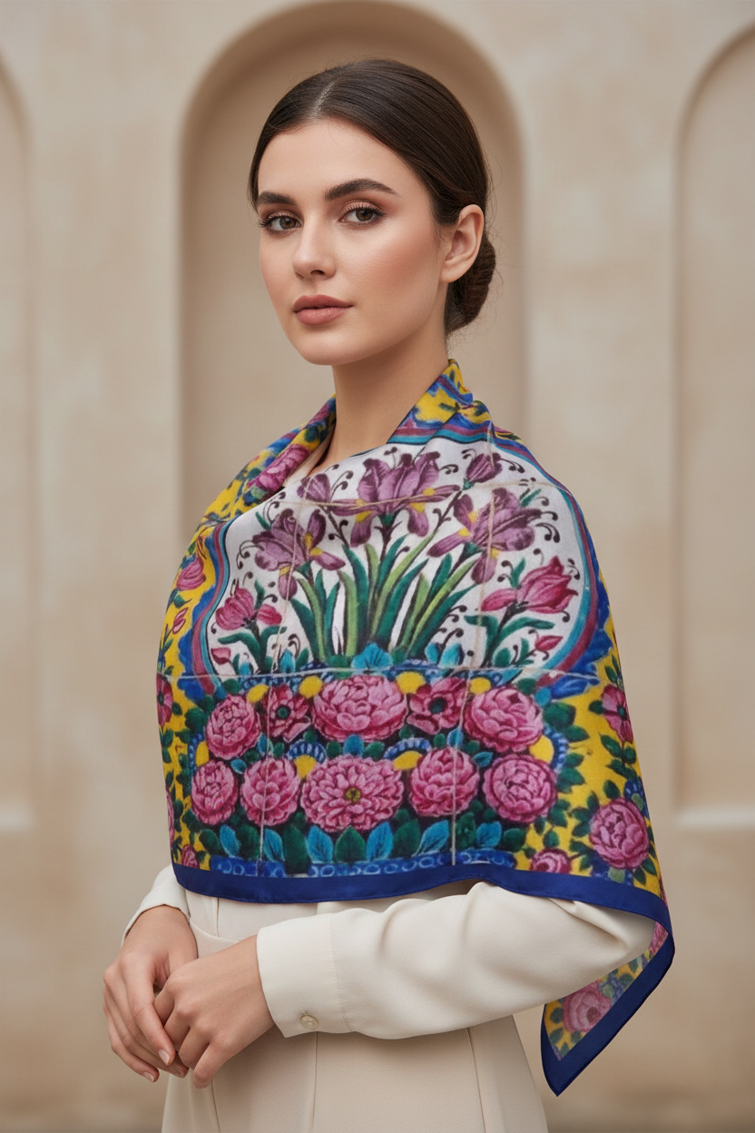 Persian Heritage Scarf – Qajar Seven-Color Tile Design | Mehrbunoo