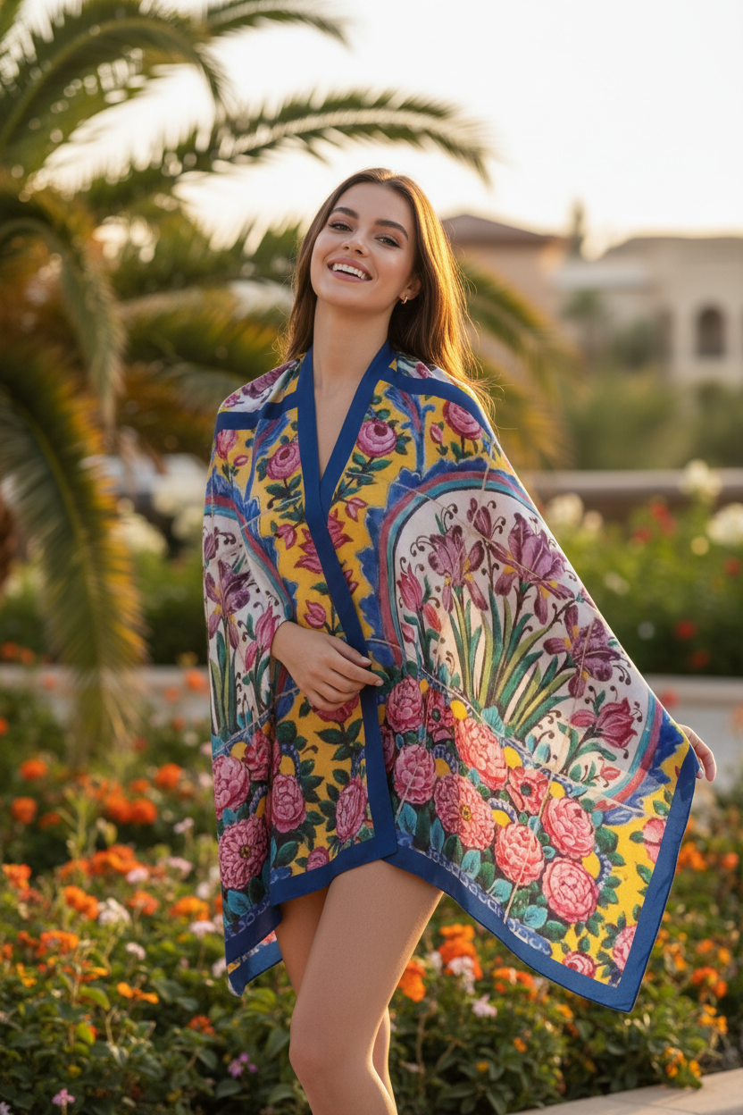 Persian Heritage Scarf – Qajar Seven-Color Tile Design | Mehrbunoo