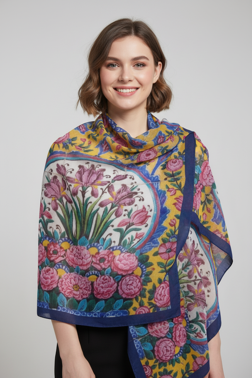 Persian Heritage Scarf – Qajar Seven-Color Tile Design | Mehrbunoo