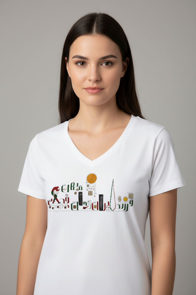 Vibrant Look | Women Cotton v-neck shirt | Persian Typography Design | فرزند ایران و جان فدای میهن | Mehrbunoo